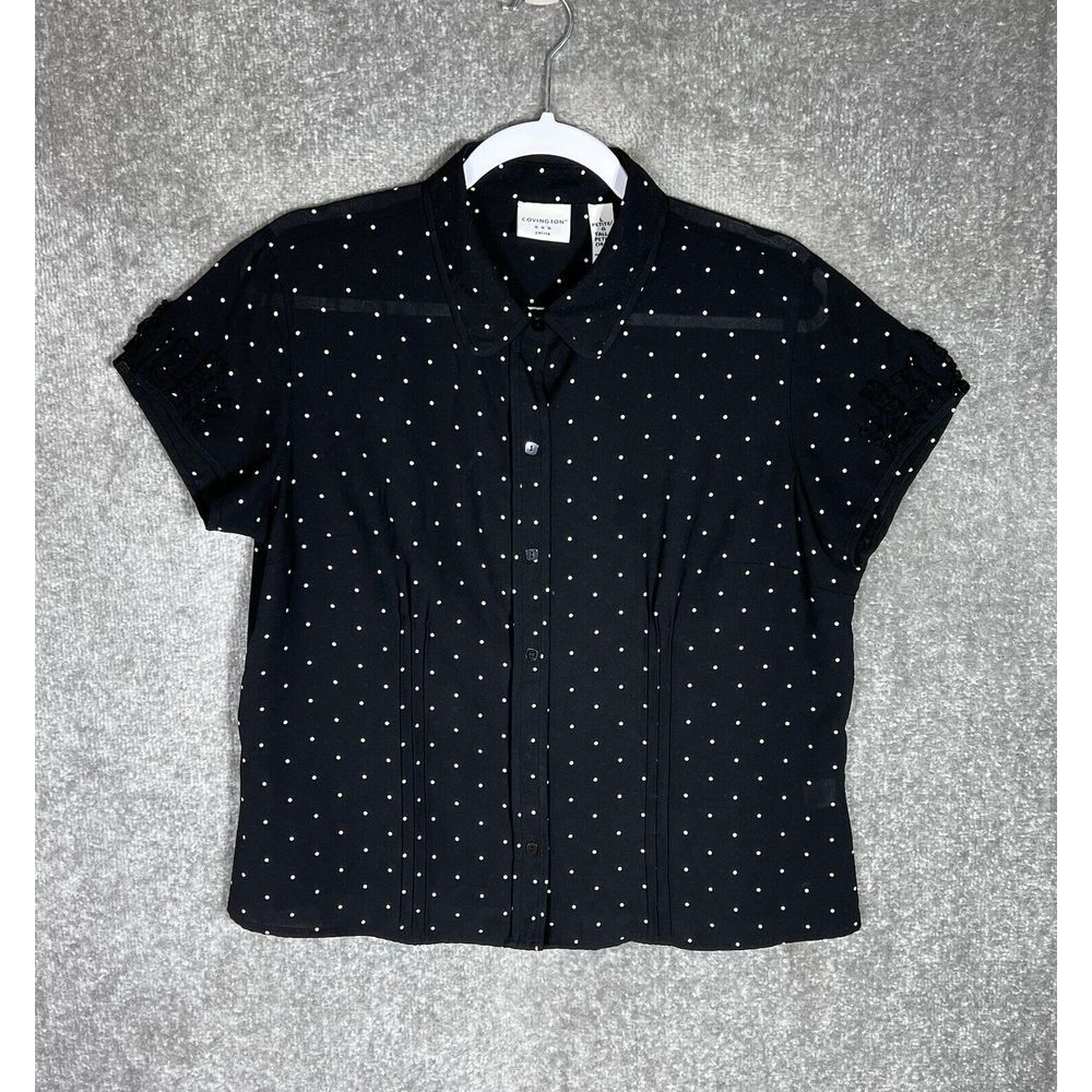 Covington Button Up Top Womens Size LP Black‎ Polka Dot Pintuck Ruffle FLAW